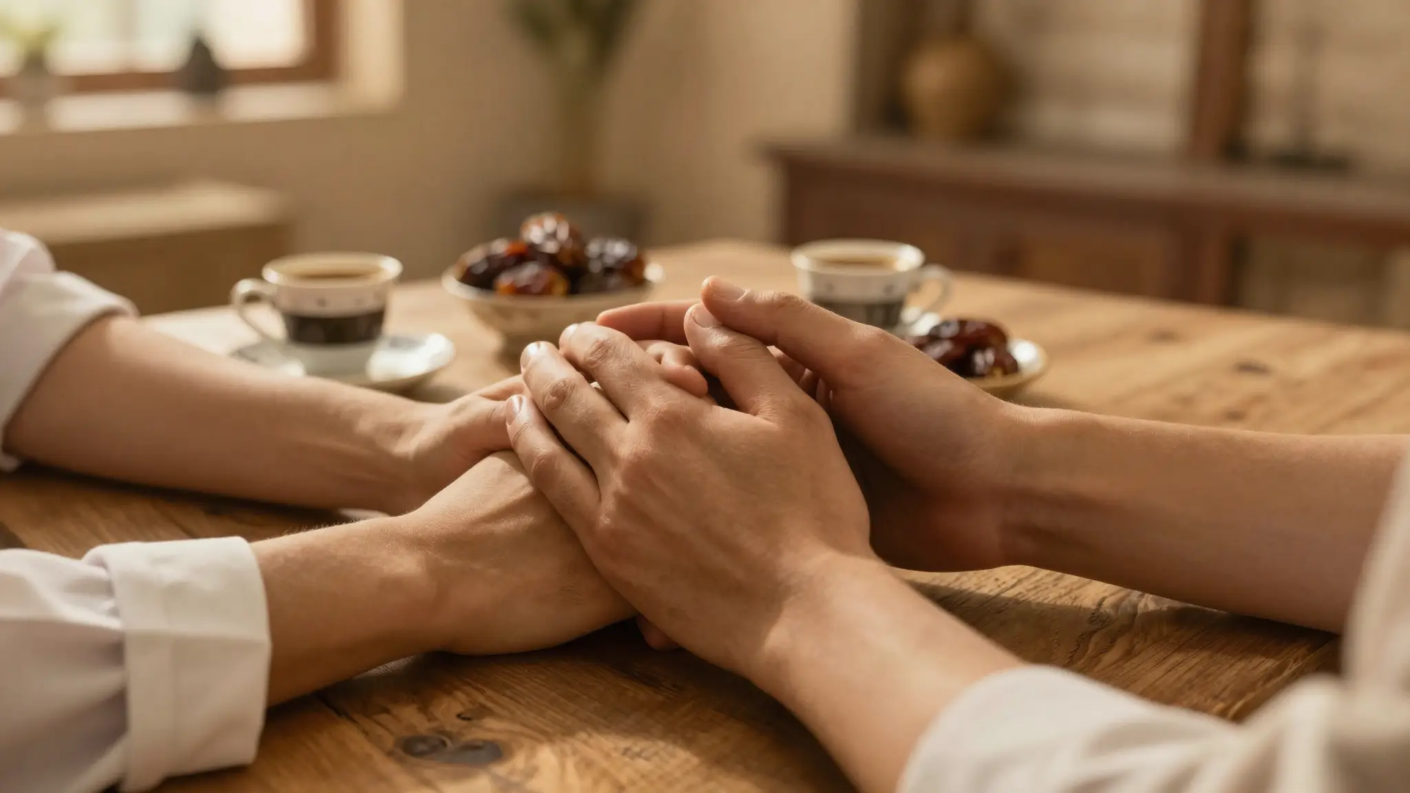 يدان متشابكتان برفقٍ تعبيراً عن الوَدّ والمودّة والألفة بين الناس فوق طاولةٍ خشبيةٍ دافئة